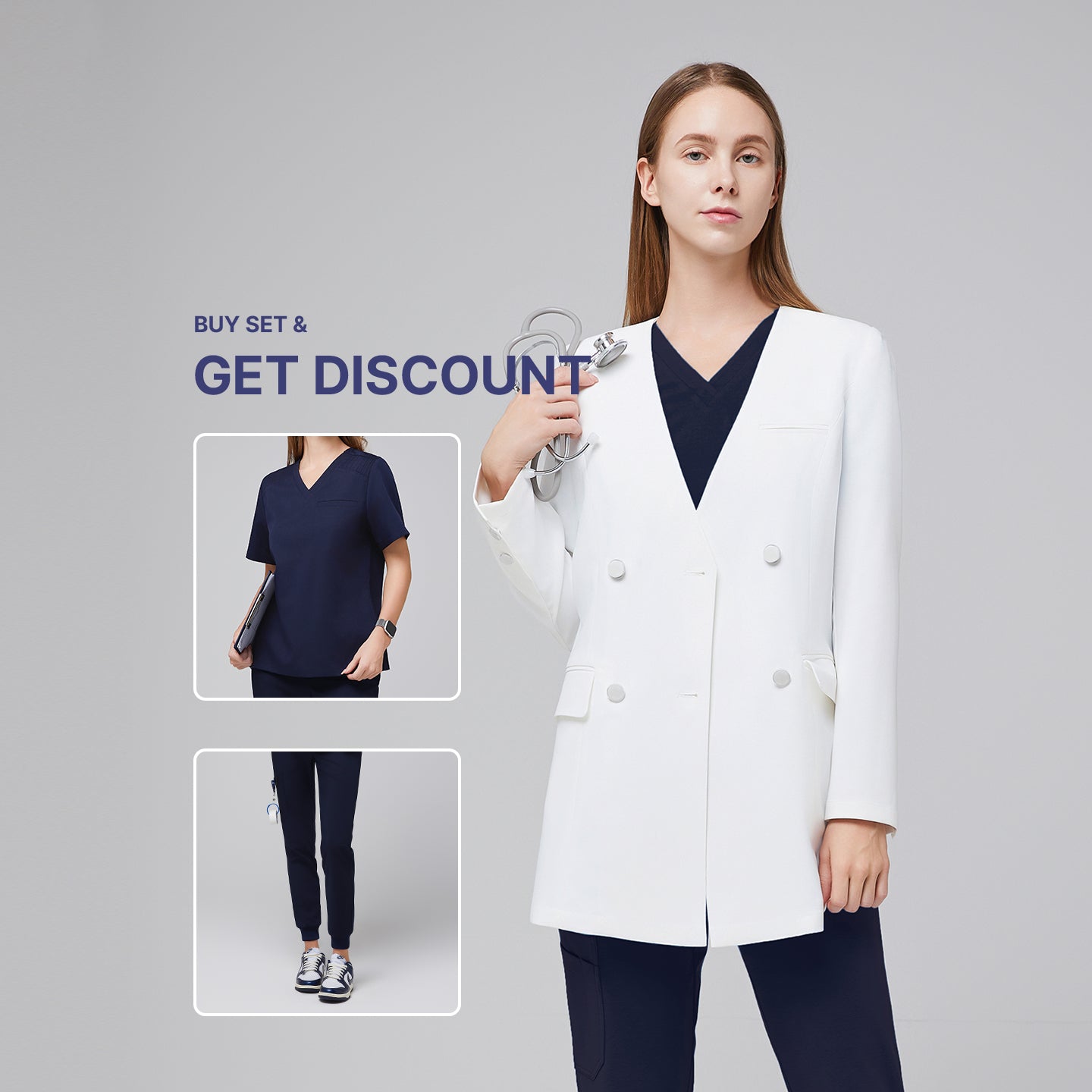 Promotional graphic showing a woman wearing a white long lab coat (LCW-09) over an Eco Navy Pleated Shoulder Scrub Top and Eco Navy Zipper Pocket Jogger Scrub Pants, with inset images of the scrub set and text reading “Buy Set & Get Discount.”,White