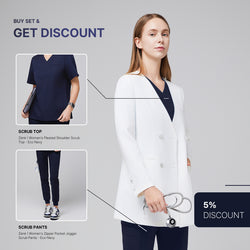 Image of Promotional graphic featuring a woman wearing a white long lab coat (LCW-09) over an Eco Navy Pleated Shoulder Scrub Top and Eco Navy Zipper Pocket Jogger Scrub Pants, with inset images of the scrub top and pants and a 5% discount label,White