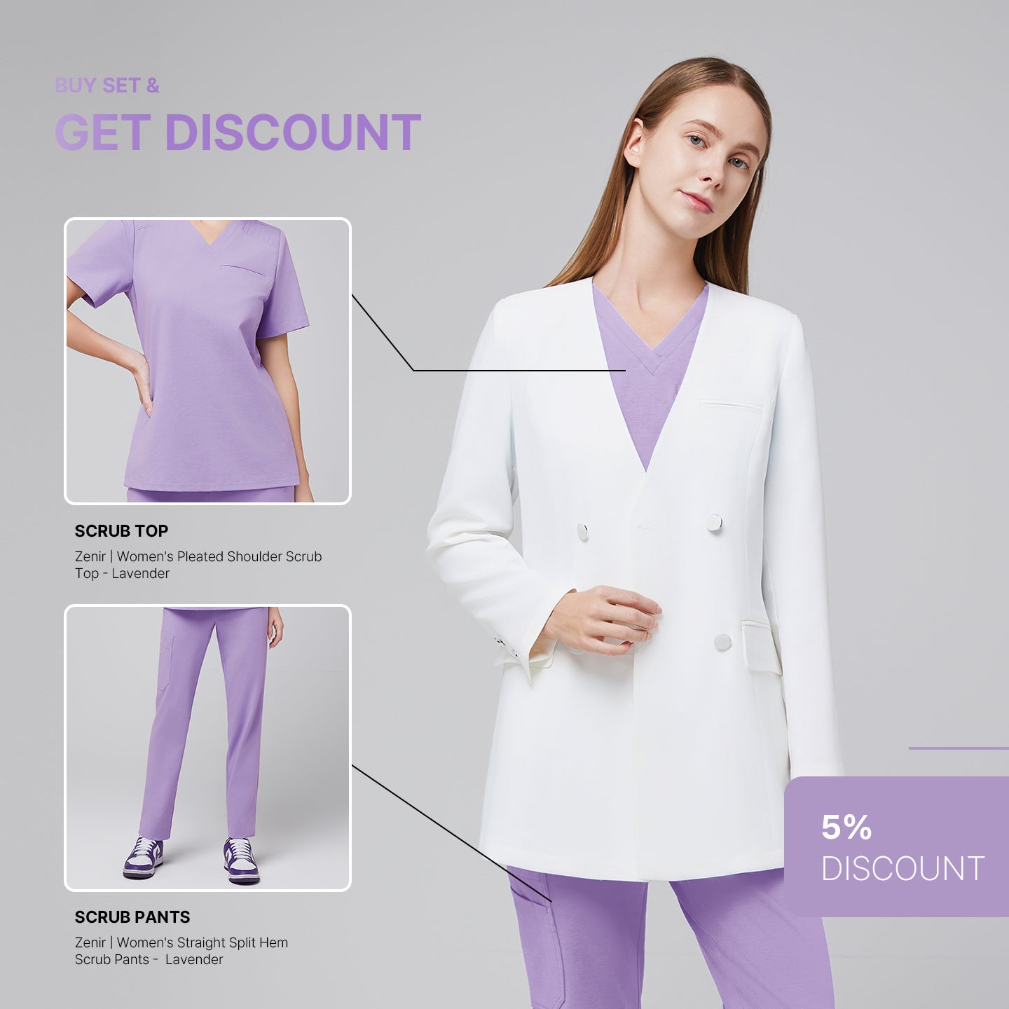 Model wearing Women's White Long Lab Coat LCW-09 over a pleated lavender scrub top and straight split hem scrub pants, with inset images of the outfit and 'Buy Set & Get Discount' and '5% Discount' text on a grey background,white