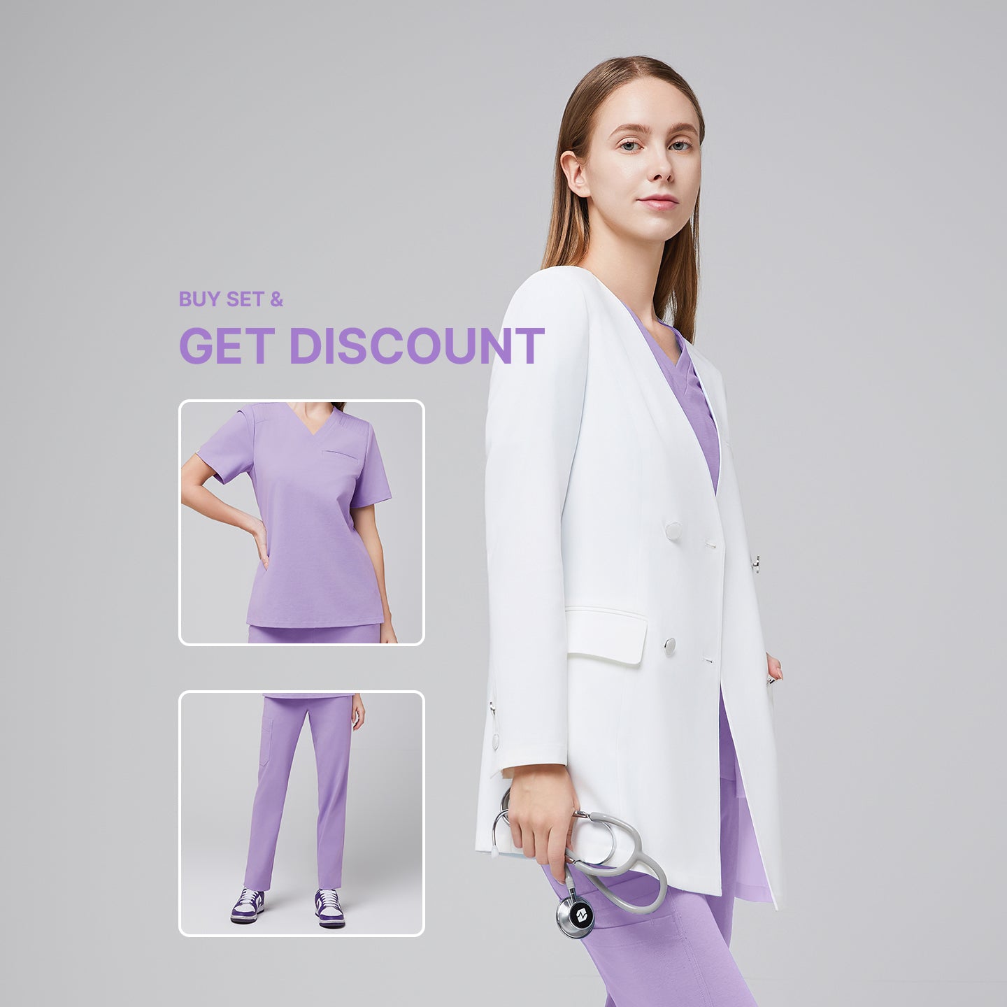 Model wearing Women's White Long Lab Coat LCW-09 over a pleated lavender scrub top and straight split hem scrub pants, holding a stethoscope, with inset images of the outfit and 'Buy Set & Get Discount' text on a grey background,white