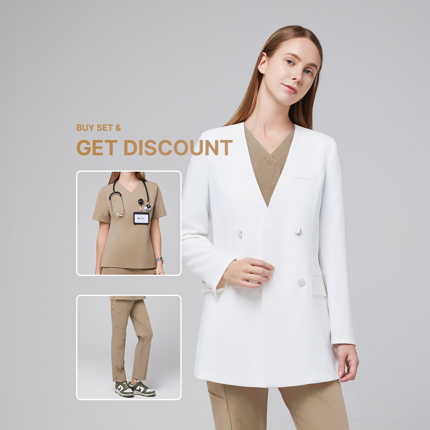 Promotional graphic showing a woman wearing a white long lab coat (LCW-09) over a Sand Beige Pleated Shoulder Scrub Top and Sand Beige Straight Split Hem Scrub Pants, with inset images of the scrub set and text reading “Buy Set & Get Discount”,White