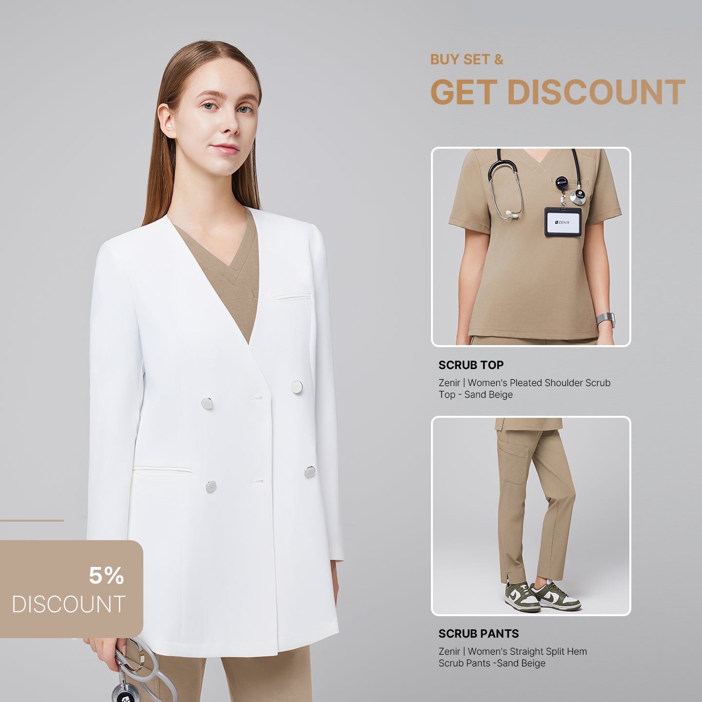 Promotional graphic featuring a woman wearing a white long lab coat (LCW-09) over a Sand Beige Pleated Shoulder Scrub Top and Sand Beige Straight Split Hem Scrub Pants, with inset images of the scrub top and pants and a 5% discount label,White