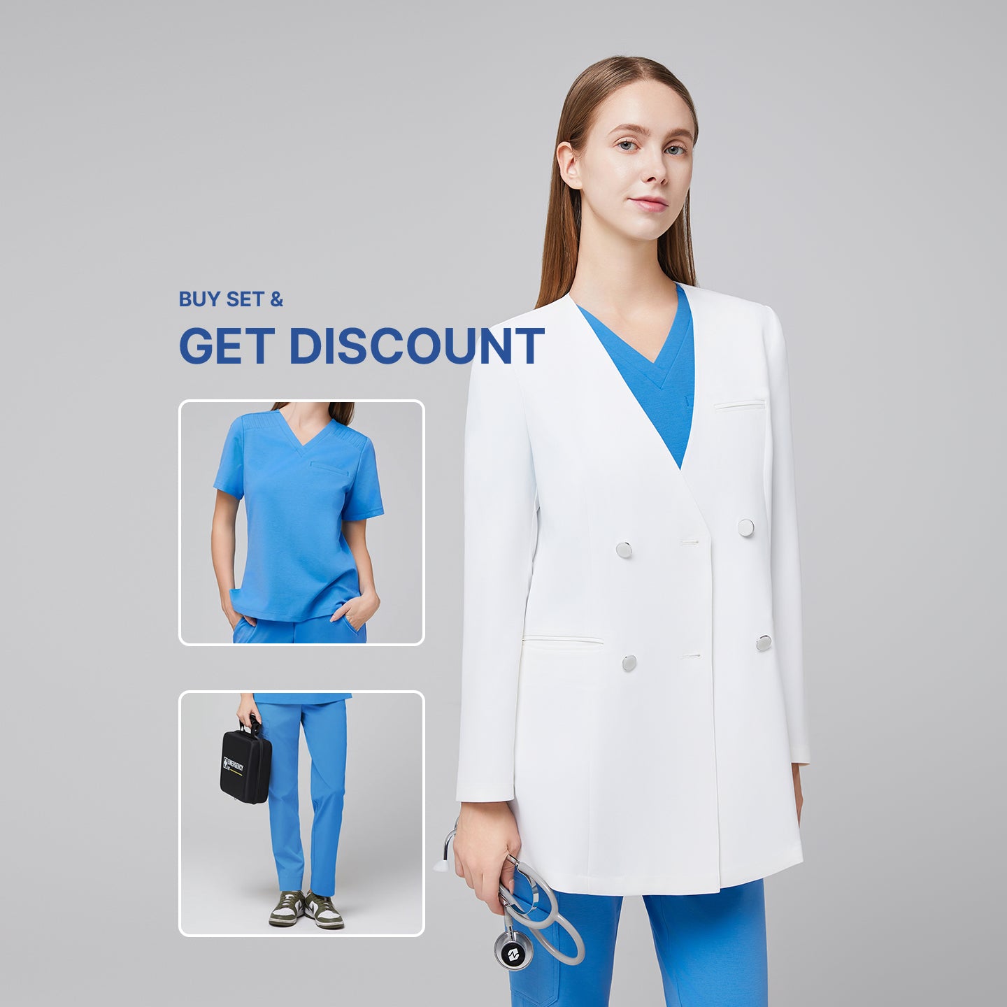 Composite image featuring a woman wearing a white long lab coat (LCW-09) over an Aqua Blue Pleated Shoulder Scrub Top and Aqua Blue Straight Split Hem Scrub Pants, alongside inset photos of the scrub set and text reading 'Buy Set & Get Discount',White