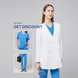 Image of Composite image featuring a woman wearing a white long lab coat (LCW-09) over an Aqua Blue Pleated Shoulder Scrub Top and Aqua Blue Straight Split Hem Scrub Pants, alongside inset photos of the scrub set and text reading 'Buy Set & Get Discount',White