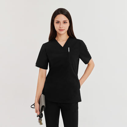Zenir Black 3-Pocket Scrub Top, short sleeves, woman holding notebook and keys, Black
