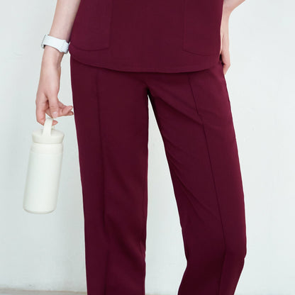 Burgundy Line Banding Scrub Pants, front view, showing clean lines and front pocket detail, paired with a matching scrub top,Burgundy