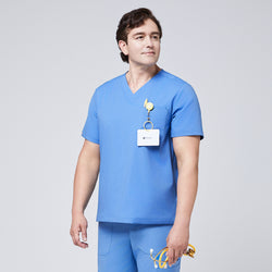 Image of Male model wearing a ceil blue V-neck scrub set with a chest pocket, holding a yellow stethoscope, and an ID badge clipped to the top, showcasing a professional medical uniform,Ceil Blue