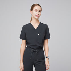 Image of Deep gray single-pocket V-neck scrub top paired with drawstring pants, offering a clean and professional medical uniform style,Deep Gray