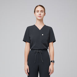 Image of Deep gray V-neck scrub top with a single chest pocket, paired with drawstring scrub pants for a professional medical uniform,Deep Gray