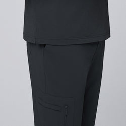 Image of Close-up detail of deep gray straight scrub pants featuring a side zipper pocket, showcased with precise stitching and smooth fabric texture,Deep Gray