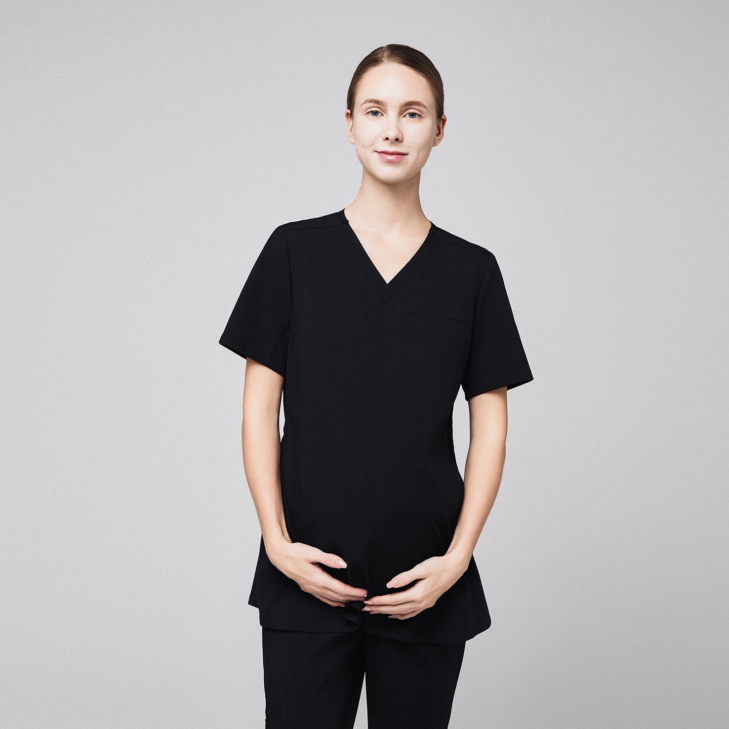 scrub top, women standing with wearing black scrub top,Eco Black