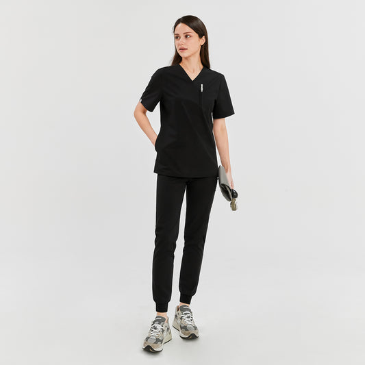 Eco-friendly black jogger scrub pants with a front pocket, paired with a matching scrub top for a sleek, professional look,Eco Black