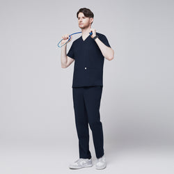 Image of Full-body view of a man wearing a navy blue scrub set with a V-neck top and double pockets, holding a stethoscope,Eco Navy