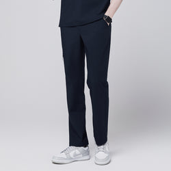 Image of Side view of navy straight scrub pants with a zipper pocket and relaxed fit,Eco Navy