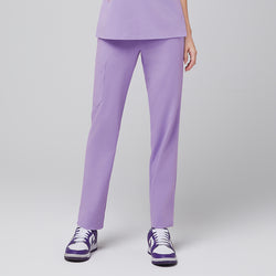 Image of Close-up of lavender straight-leg scrub pants with side pocket and purple sneakers,Lavender