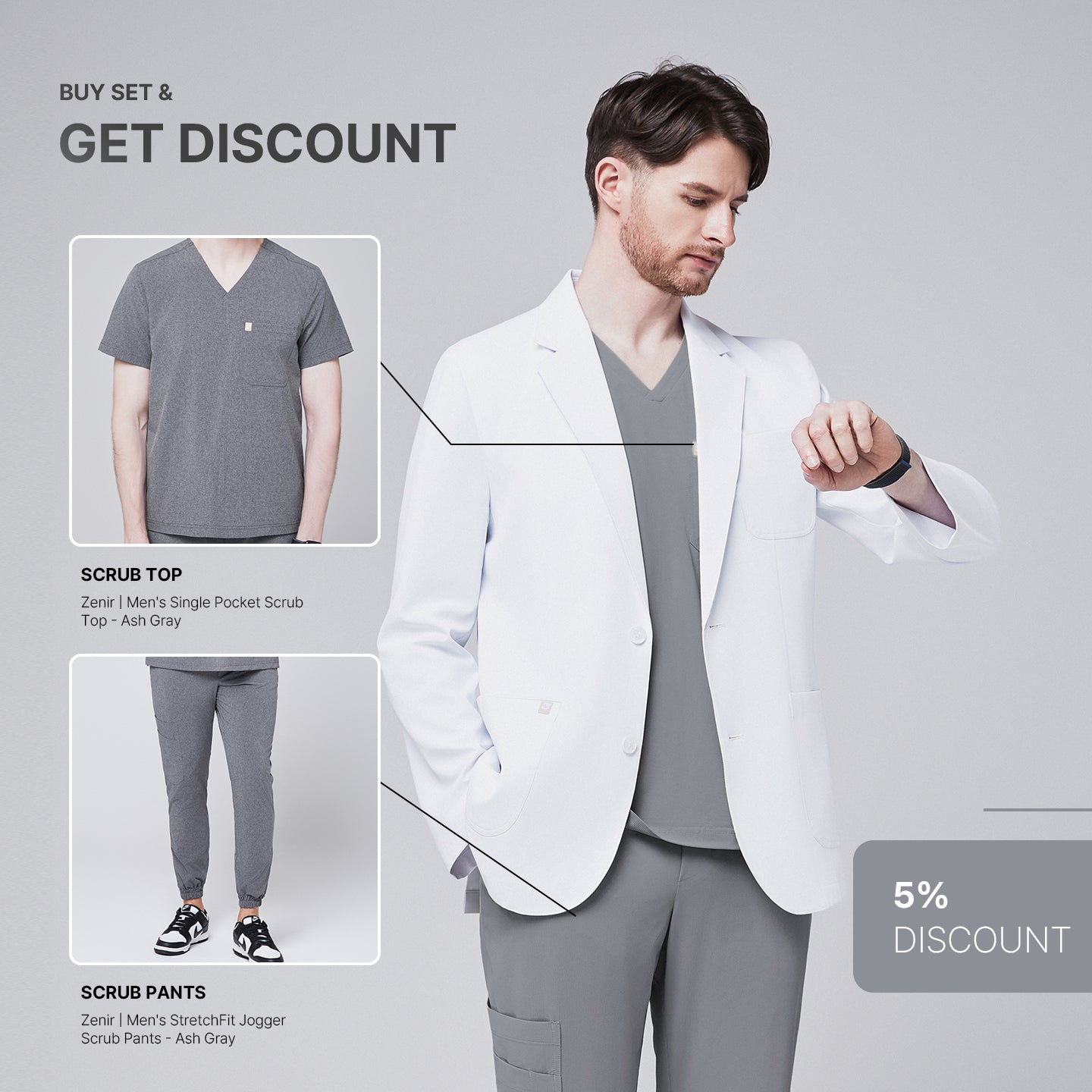 Promotional graphic featuring a man wearing a short white lab coat (LCM-01) over an Ash Gray Single Pocket Scrub Top and Ash Gray StretchFit Jogger Scrub Pants, with inset images of the top and pants and a 5% discount label,White