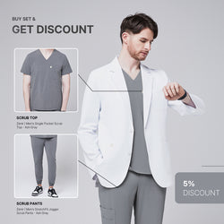 Image of Promotional graphic featuring a man wearing a short white lab coat (LCM-01) over an Ash Gray Single Pocket Scrub Top and Ash Gray StretchFit Jogger Scrub Pants, with inset images of the top and pants and a 5% discount label,White