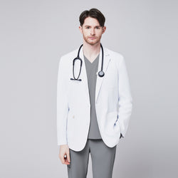 Image of A man wearing a short white lab coat (LCM-01) over an Ash Gray Single Pocket Scrub Top and Ash Gray StretchFit Jogger Scrub Pants, with a stethoscope around his neck,White