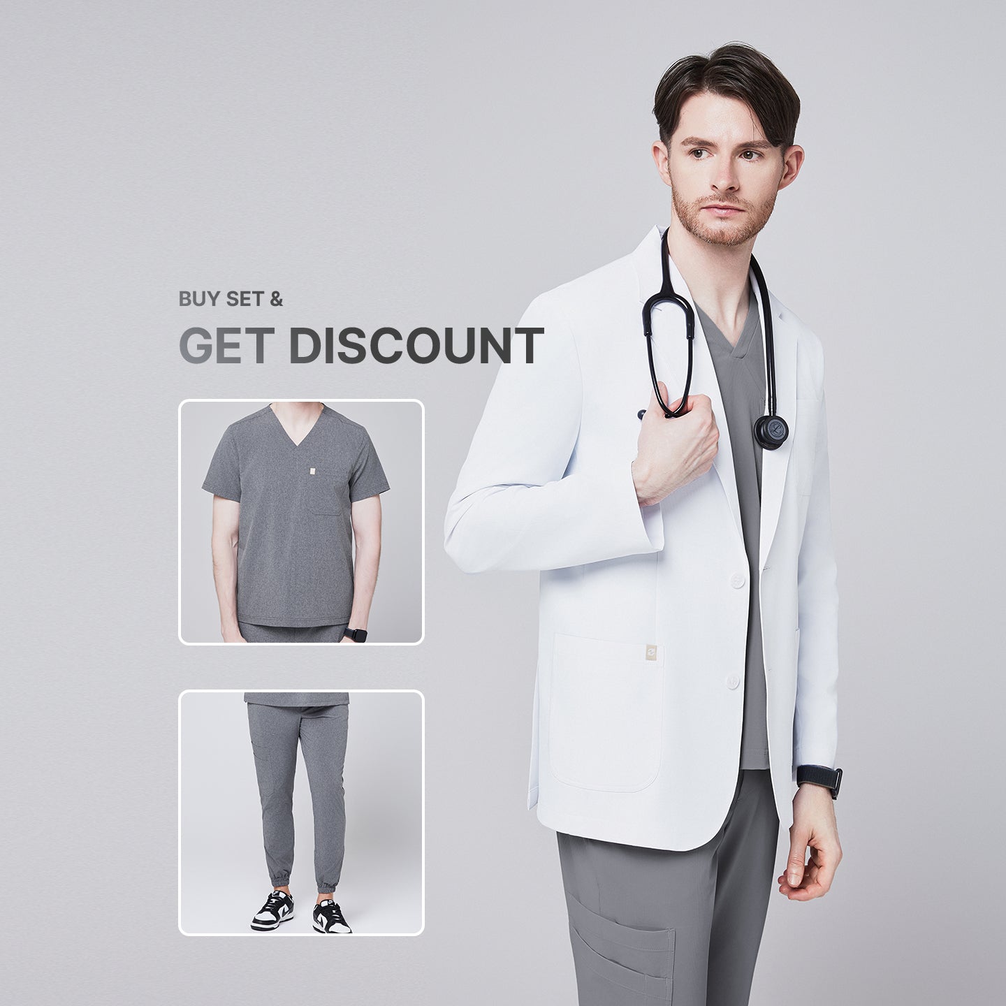 Promotional graphic showing a man wearing a short white lab coat (LCM-01) over an Ash Gray Single Pocket Scrub Top and Ash Gray StretchFit Jogger Scrub Pants, with inset images of the scrub set and text reading “Buy Set & Get Discount