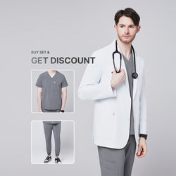 Image of Promotional graphic showing a man wearing a short white lab coat (LCM-01) over an Ash Gray Single Pocket Scrub Top and Ash Gray StretchFit Jogger Scrub Pants, with inset images of the scrub set and text reading “Buy Set & Get Discount