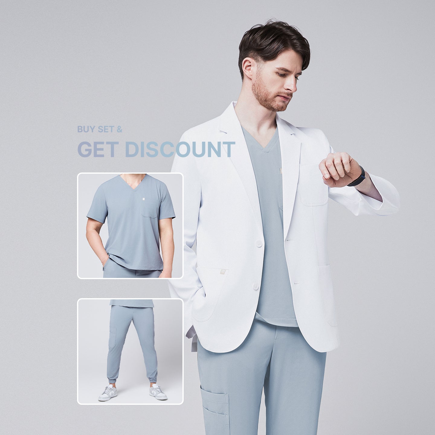 Promotional graphic showing a man wearing a short white lab coat (LCM-01) over a Cool Gray Single Pocket Scrub Top and Cool Gray StretchFit Jogger Scrub Pants, with inset images of the scrub set and text reading “Buy Set & Get Discount