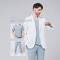 Image of Promotional graphic showing a man wearing a short white lab coat (LCM-01) over a Cool Gray Single Pocket Scrub Top and Cool Gray StretchFit Jogger Scrub Pants, with inset images of the scrub set and text reading “Buy Set & Get Discount