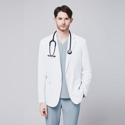 Image of A man wearing a short white lab coat (LCM-01) over a Cool Gray Single Pocket Scrub Top and Cool Gray StretchFit Jogger Scrub Pants, with a stethoscope around his neck,White