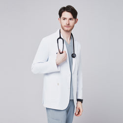 Image of A man wearing a short white lab coat (LCM-01) over a Cool Gray Single Pocket Scrub Top and Cool Gray StretchFit Jogger Scrub Pants, looking to the side while holding a stethoscope,White