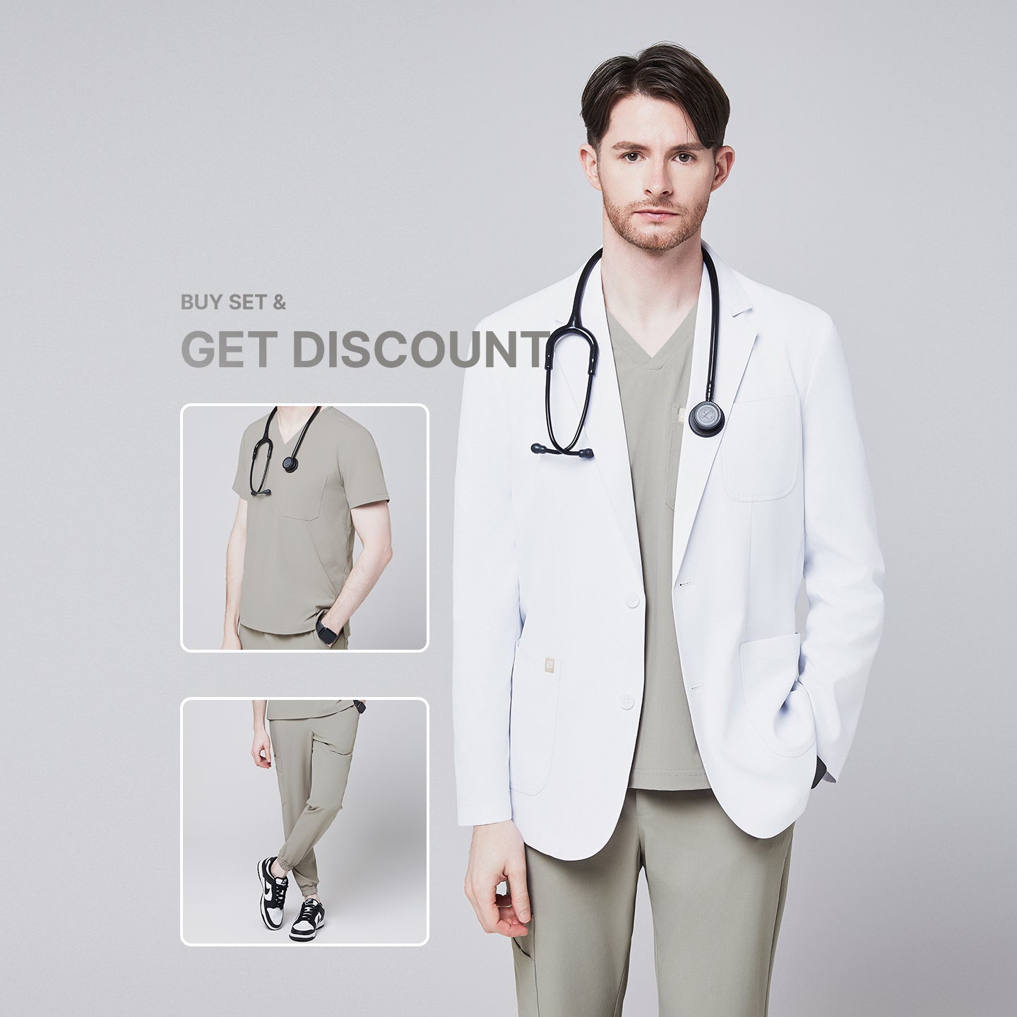 Promotional graphic showing a man wearing a short white lab coat (LCM-01) over a Sand Khaki Single Pocket Scrub Top and Sand Khaki StretchFit Jogger Scrub Pants, with inset images of the scrub set and text reading “Buy Set & Get Discount