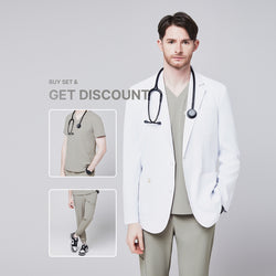 Image of Promotional graphic showing a man wearing a short white lab coat (LCM-01) over a Sand Khaki Single Pocket Scrub Top and Sand Khaki StretchFit Jogger Scrub Pants, with inset images of the scrub set and text reading “Buy Set & Get Discount