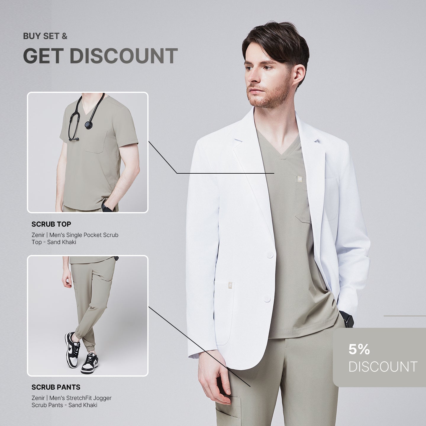 Promotional graphic featuring a man wearing a short white lab coat (LCM-01) over a Sand Khaki Single Pocket Scrub Top and Sand Khaki StretchFit Jogger Scrub Pants, with inset images of the top and pants and a 5% discount label,White