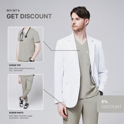 Image of Promotional graphic featuring a man wearing a short white lab coat (LCM-01) over a Sand Khaki Single Pocket Scrub Top and Sand Khaki StretchFit Jogger Scrub Pants, with inset images of the top and pants and a 5% discount label,White