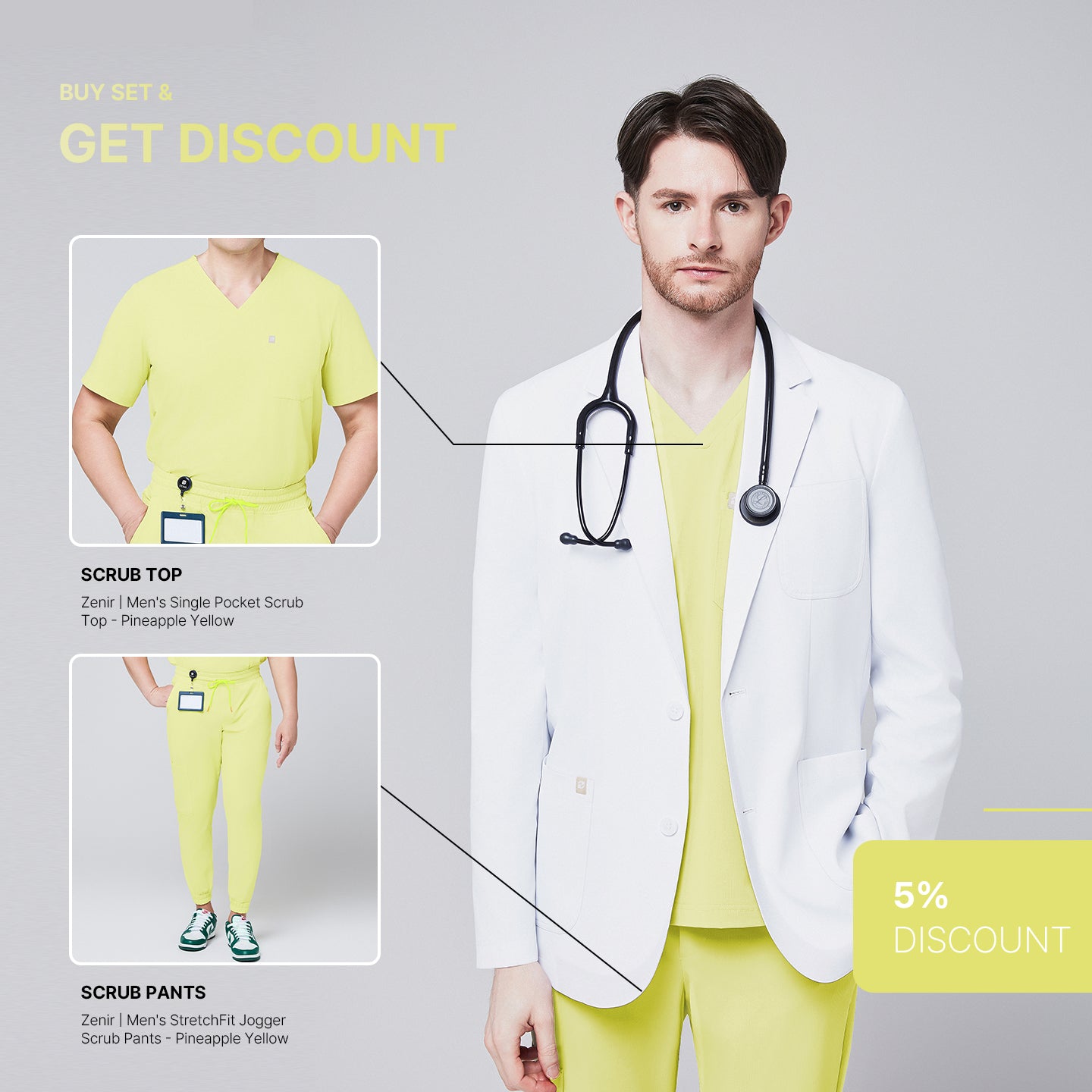 Promotional graphic featuring a man wearing a short white lab coat (LCM-01) over a Pineapple Yellow Single Pocket Scrub Top and Pineapple Yellow StretchFit Jogger Scrub Pants, with inset images of the top and pants and a 5% discount label,White