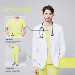 Image of Promotional graphic featuring a man wearing a short white lab coat (LCM-01) over a Pineapple Yellow Single Pocket Scrub Top and Pineapple Yellow StretchFit Jogger Scrub Pants, with inset images of the top and pants and a 5% discount label,White