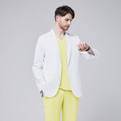 Image of A man wearing a short white lab coat (LCM-01) over a Pineapple Yellow Single Pocket Scrub Top and Pineapple Yellow StretchFit Jogger Scrub Pants, checking his watch,White