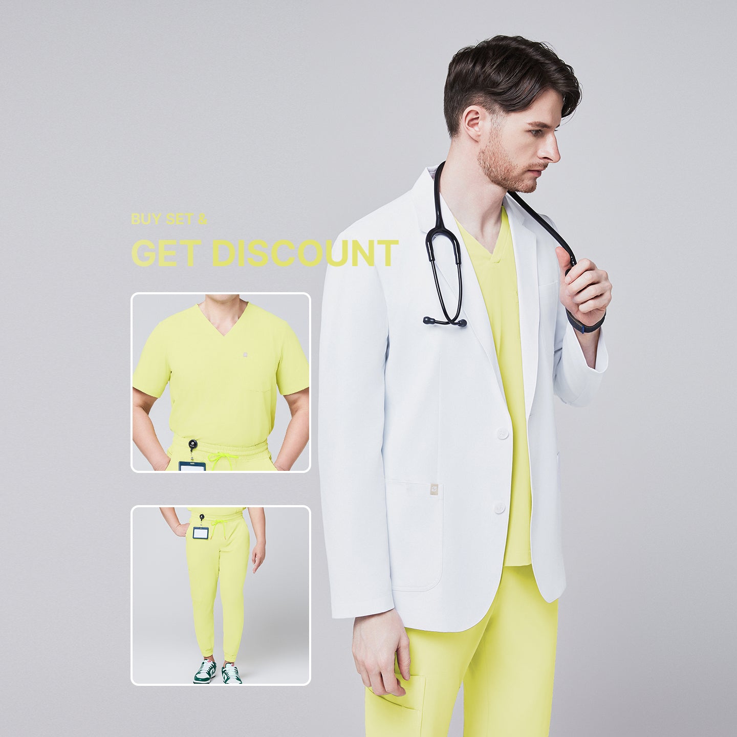 Promotional graphic showing a man wearing a short white lab coat (LCM-01) over a Pineapple Yellow Single Pocket Scrub Top and Pineapple Yellow StretchFit Jogger Scrub Pants, with inset images of the scrub set and text reading “Buy Set & Get Discount,White