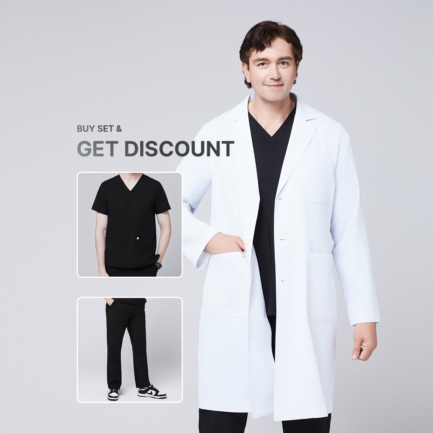 Promotional graphic showing a man wearing a long white lab coat (LCM-02) over an Eco Black Double Pocket Scrub Top and Eco Black Zipper Pocket Straight Scrub Pants, with inset images of the scrub set and text reading “Buy Set & Get Discount”,White