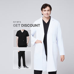 Image of Promotional graphic showing a man wearing a long white lab coat (LCM-02) over an Eco Black Double Pocket Scrub Top and Eco Black Zipper Pocket Straight Scrub Pants, with inset images of the scrub set and text reading “Buy Set & Get Discount”,White