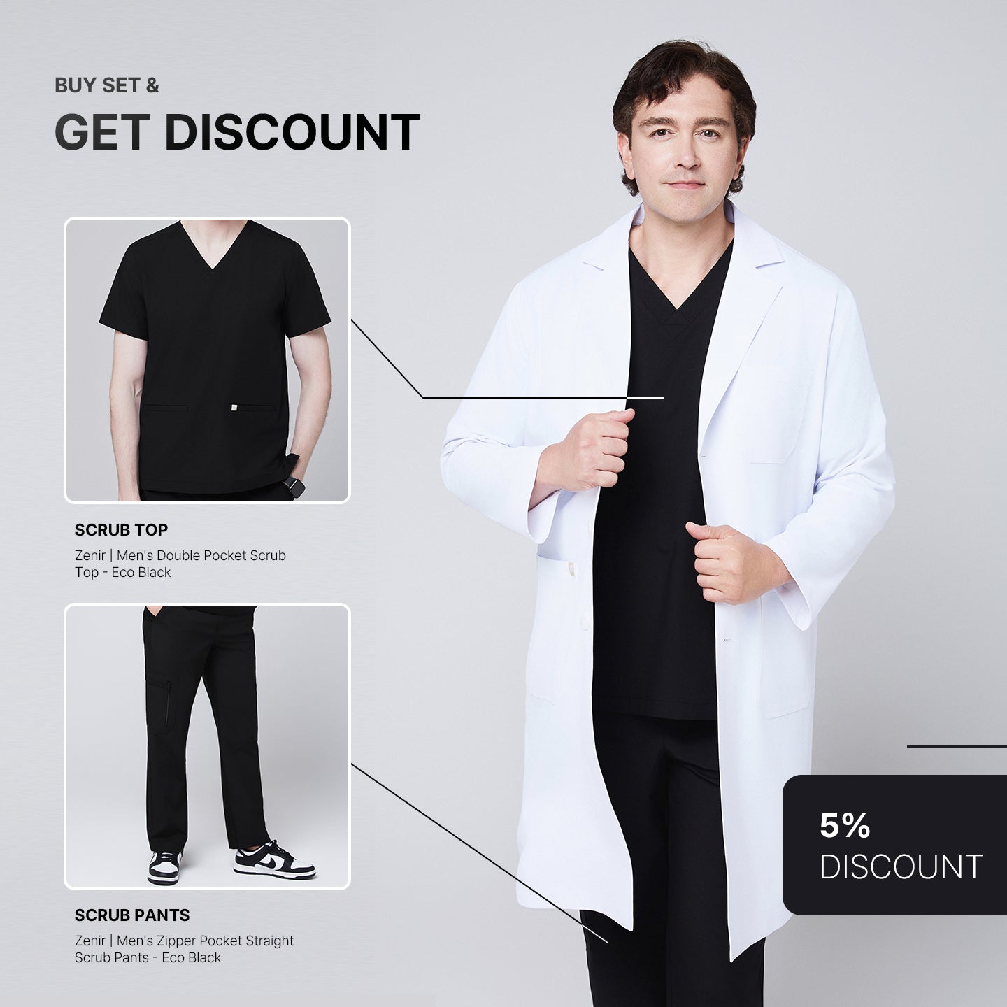 Promotional graphic featuring a man wearing a long white lab coat (LCM-02) over an Eco Black Double Pocket Scrub Top and Eco Black Zipper Pocket Straight Scrub Pants, with inset images of the top and pants and a 5% discount label,White