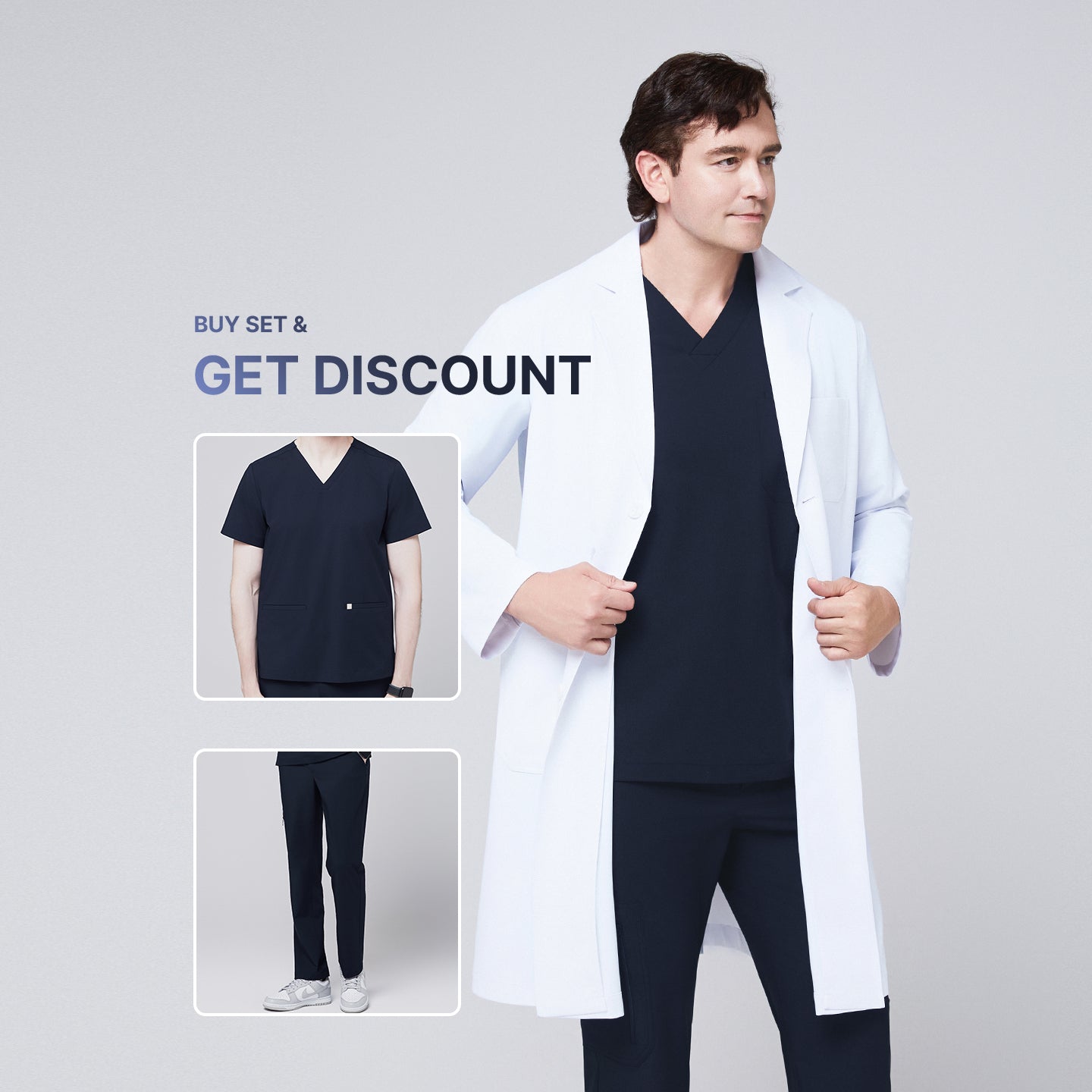 Promotional graphic showing a man wearing a long white lab coat (LCM-02) over an Eco Navy Double Pocket Scrub Top and Eco Navy Zipper Pocket Straight Scrub Pants, with inset images of the scrub set and text reading “Buy Set & Get Discount