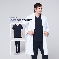 Image of Promotional graphic showing a man wearing a long white lab coat (LCM-02) over an Eco Navy Double Pocket Scrub Top and Eco Navy Zipper Pocket Straight Scrub Pants, with inset images of the scrub set and text reading “Buy Set & Get Discount