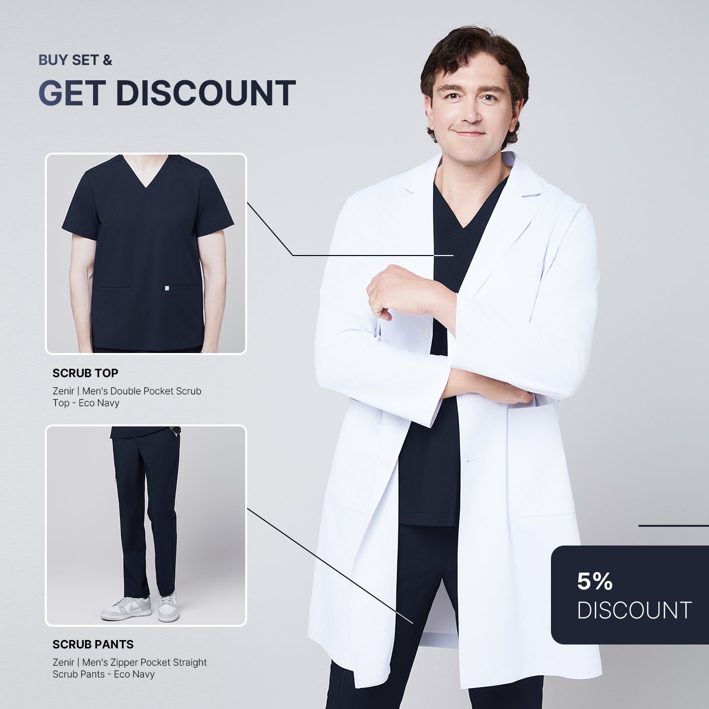 Promotional graphic featuring a man wearing a long white lab coat (LCM-02) over an Eco Navy Double Pocket Scrub Top and Eco Navy Zipper Pocket Straight Scrub Pants, with inset images of the top and pants and a 5% discount label,White