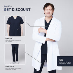 Image of Promotional graphic featuring a man wearing a long white lab coat (LCM-02) over an Eco Navy Double Pocket Scrub Top and Eco Navy Zipper Pocket Straight Scrub Pants, with inset images of the top and pants and a 5% discount label,White