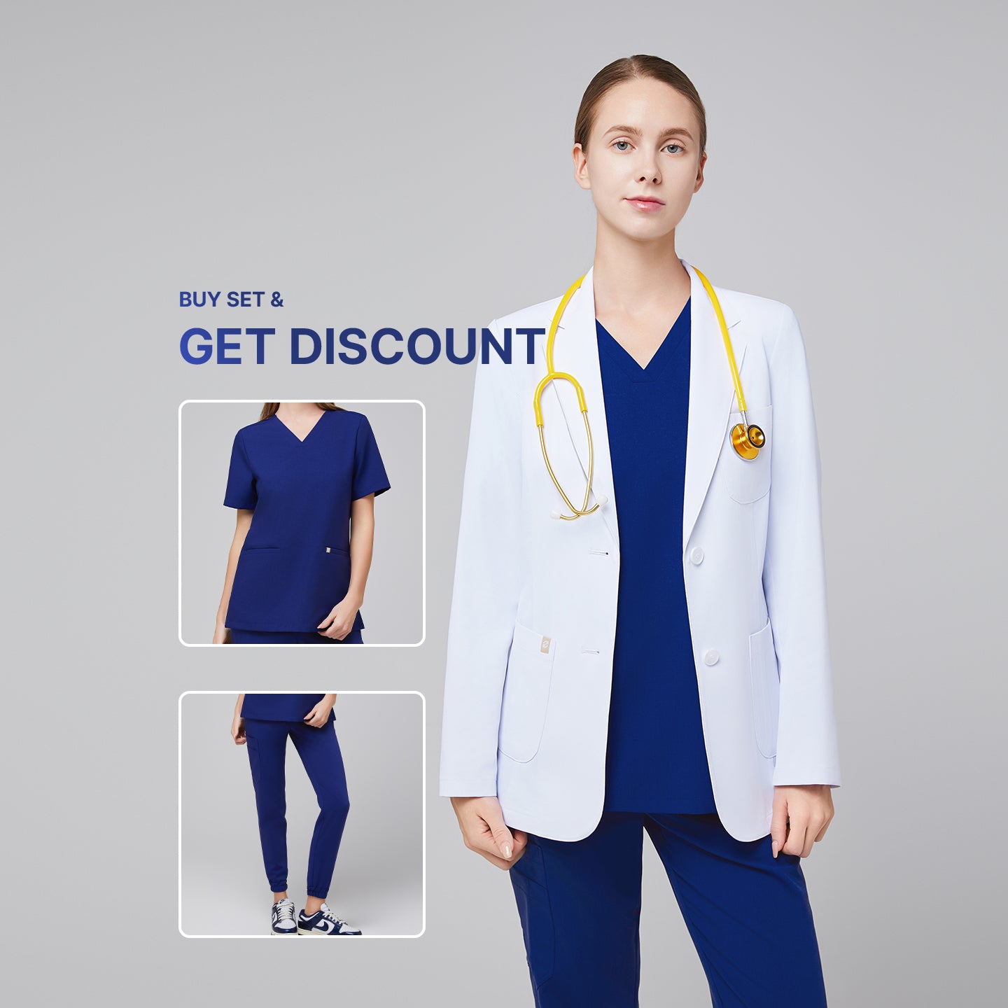 Promotional graphic showing a woman wearing a short white lab coat (LCW-02) over an Admiral Blue Double Pocket Scrub Top and Admiral Blue StretchFit Jogger Scrub Pants, with inset images of the scrub set and text reading “Buy Set & Get Discount