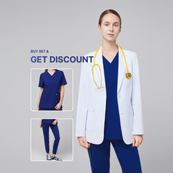 Image of Promotional graphic showing a woman wearing a short white lab coat (LCW-02) over an Admiral Blue Double Pocket Scrub Top and Admiral Blue StretchFit Jogger Scrub Pants, with inset images of the scrub set and text reading “Buy Set & Get Discount