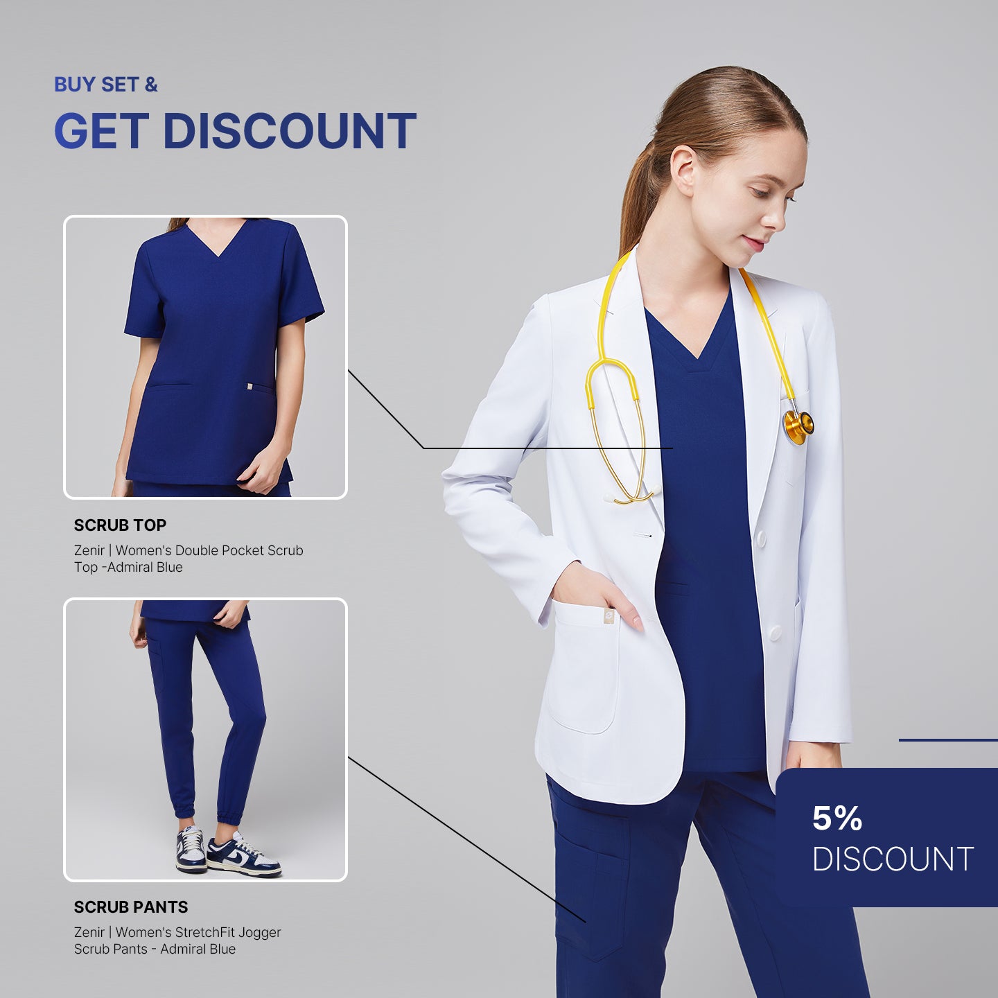 Promotional graphic featuring a woman wearing a short white lab coat (LCW-02) over an Admiral Blue Double Pocket Scrub Top and Admiral Blue StretchFit Jogger Scrub Pants, with inset images of the top and pants and a 5% discount label,White