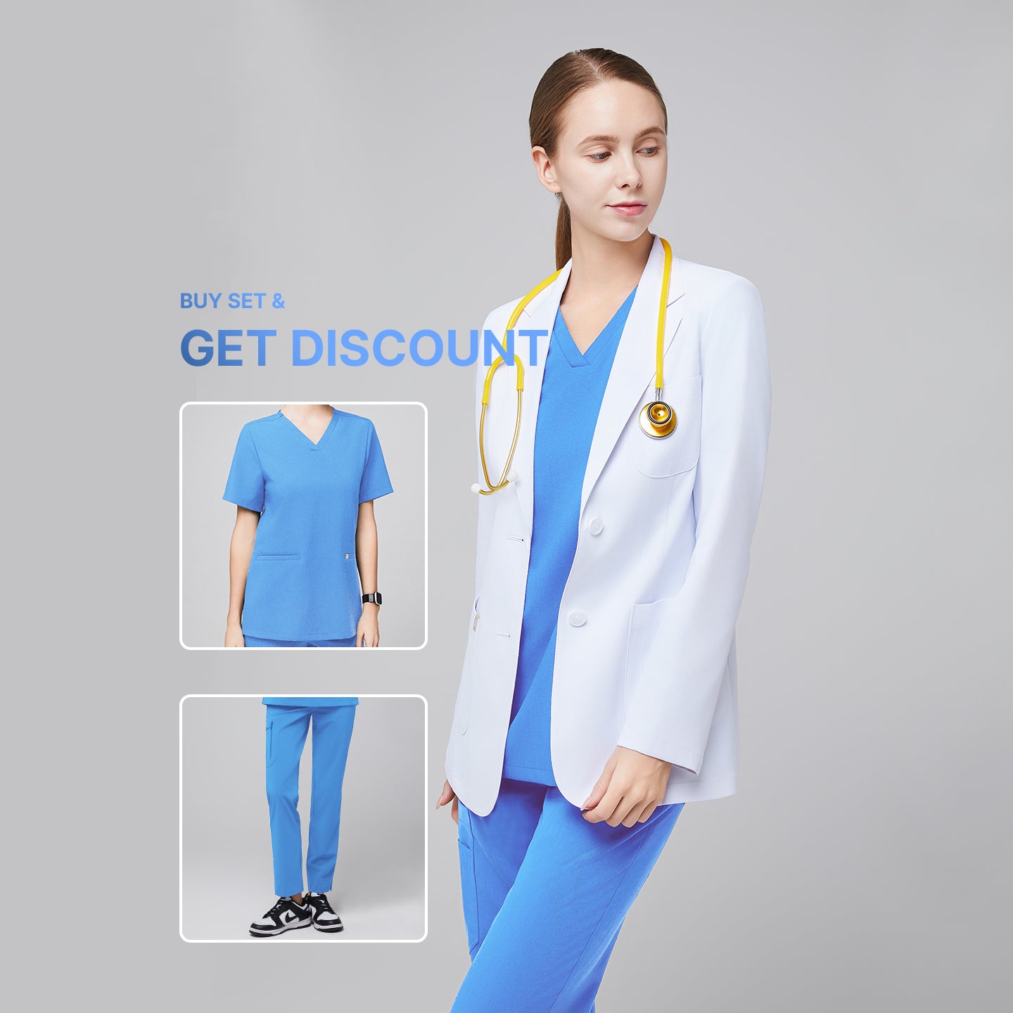 Promotional graphic showing a woman wearing a short white lab coat (LCW-02) over a Ceil Blue Double Pocket Scrub Top and Ceil Blue Zipper Pocket Jogger Scrub Pants, with inset images of the scrub set and text reading “Buy Set & Get Discount