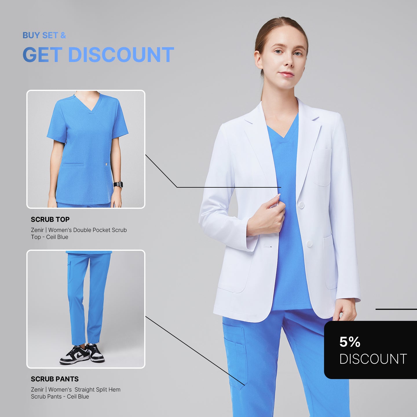 Promotional graphic featuring a woman wearing a short white lab coat (LCW-02) over a Ceil Blue Double Pocket Scrub Top and Ceil Blue Zipper Pocket Jogger Scrub Pants, with inset images of the top and pants and a 5% discount label,White