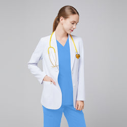 Image of A woman wearing a short white lab coat (LCW-02) over a Ceil Blue Double Pocket Scrub Top and Ceil Blue Zipper Pocket Jogger Scrub Pants, with a yellow stethoscope around her neck,White