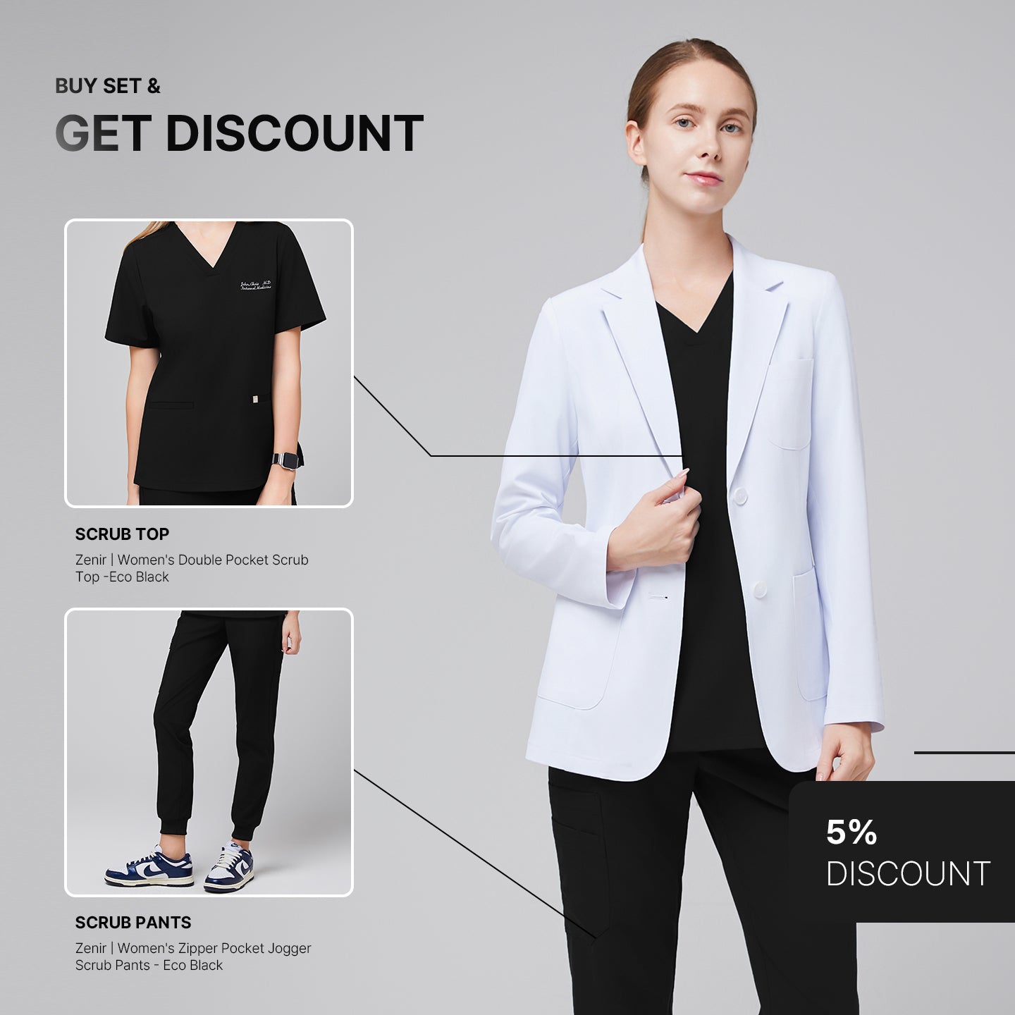 Promotional graphic featuring a woman wearing a short white lab coat (LCW-02) over an Eco Black Double Pocket Scrub Top and Eco Black Zipper Pocket Jogger Scrub Pants, with inset images of the top and pants and a 5% discount label.,White